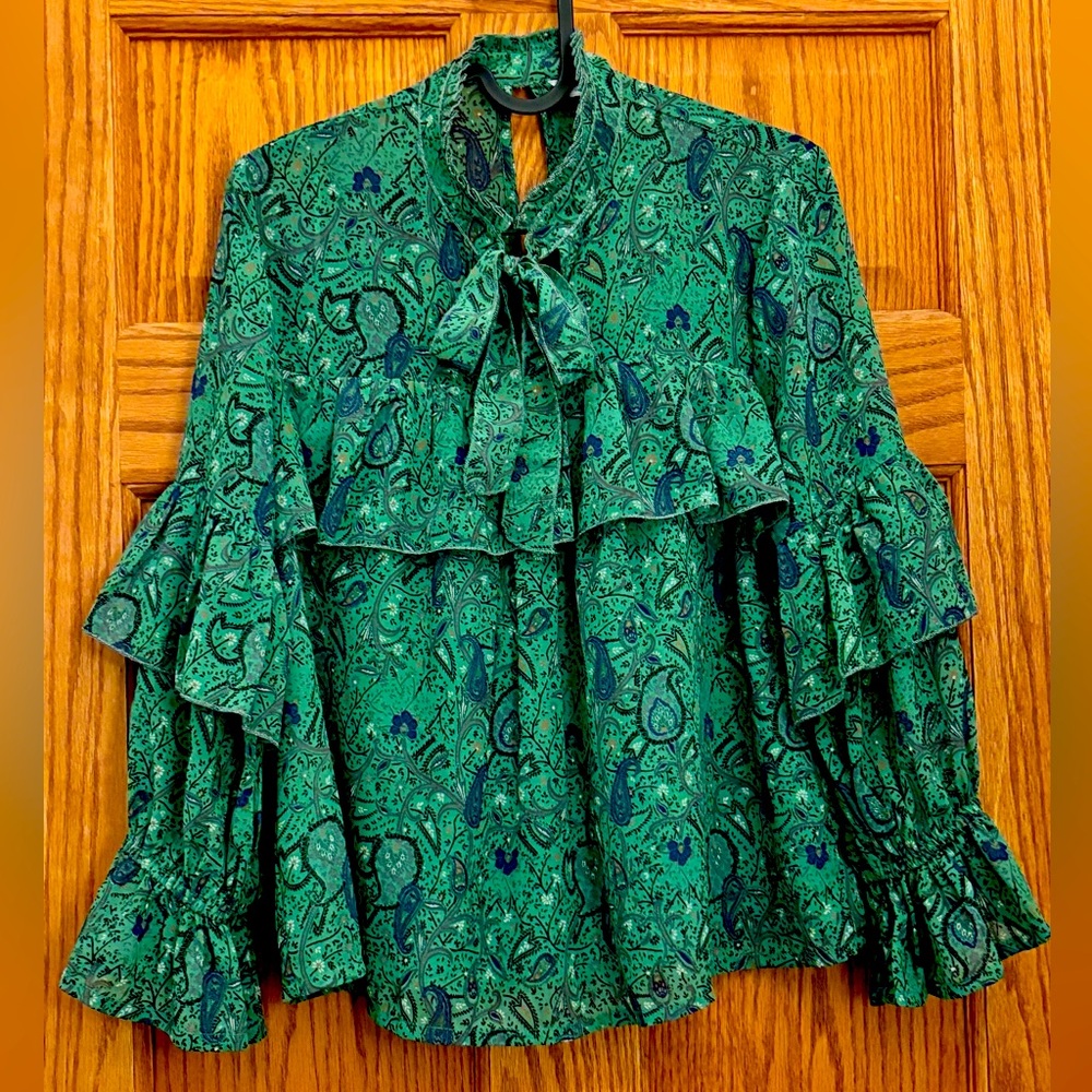 Lucky Brand size XS Ruffle Paisley Floral Sheer long sleeve w/ neck tie